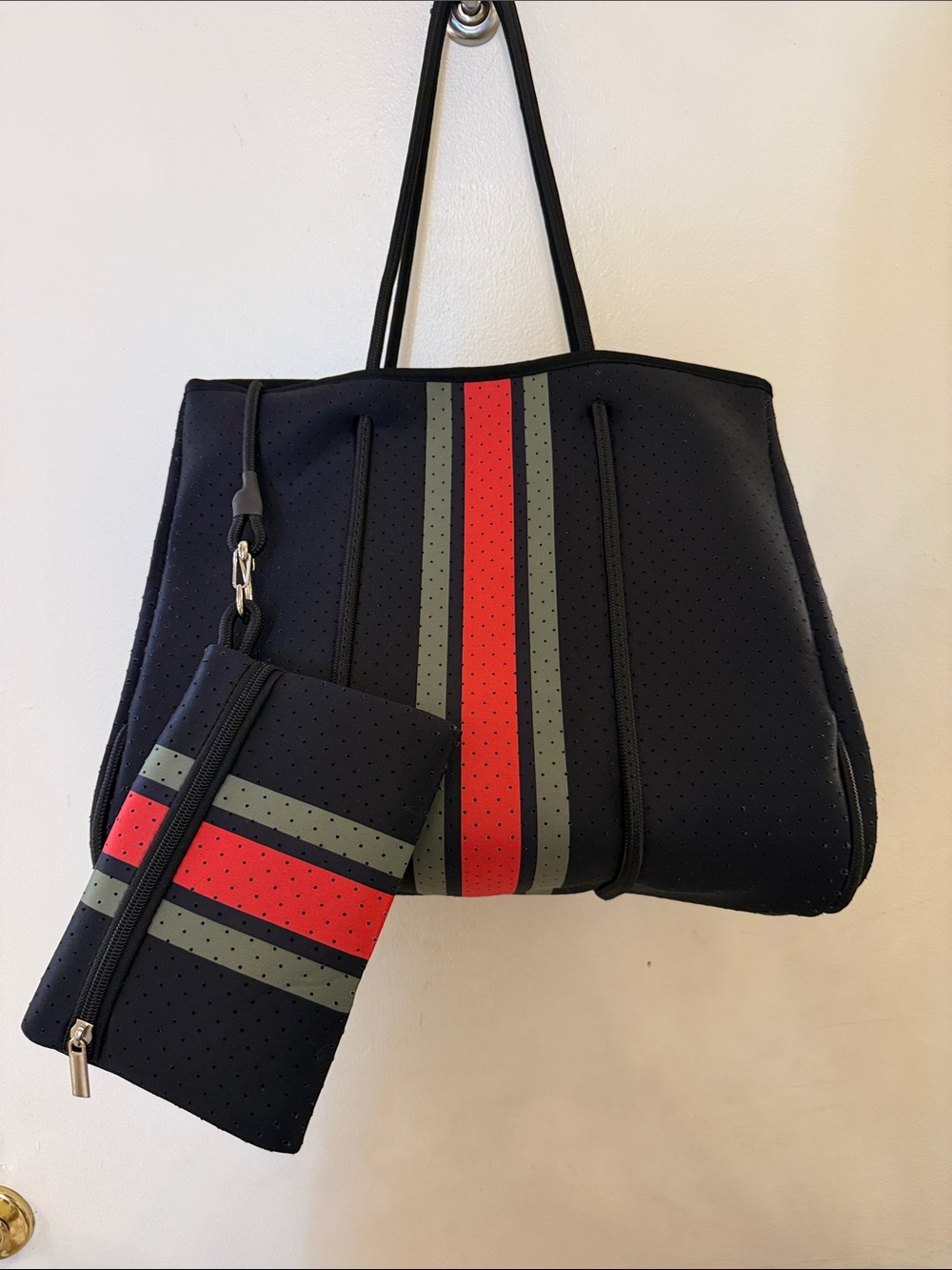 Black Neoprene Tote set with Red and Olive Stripes